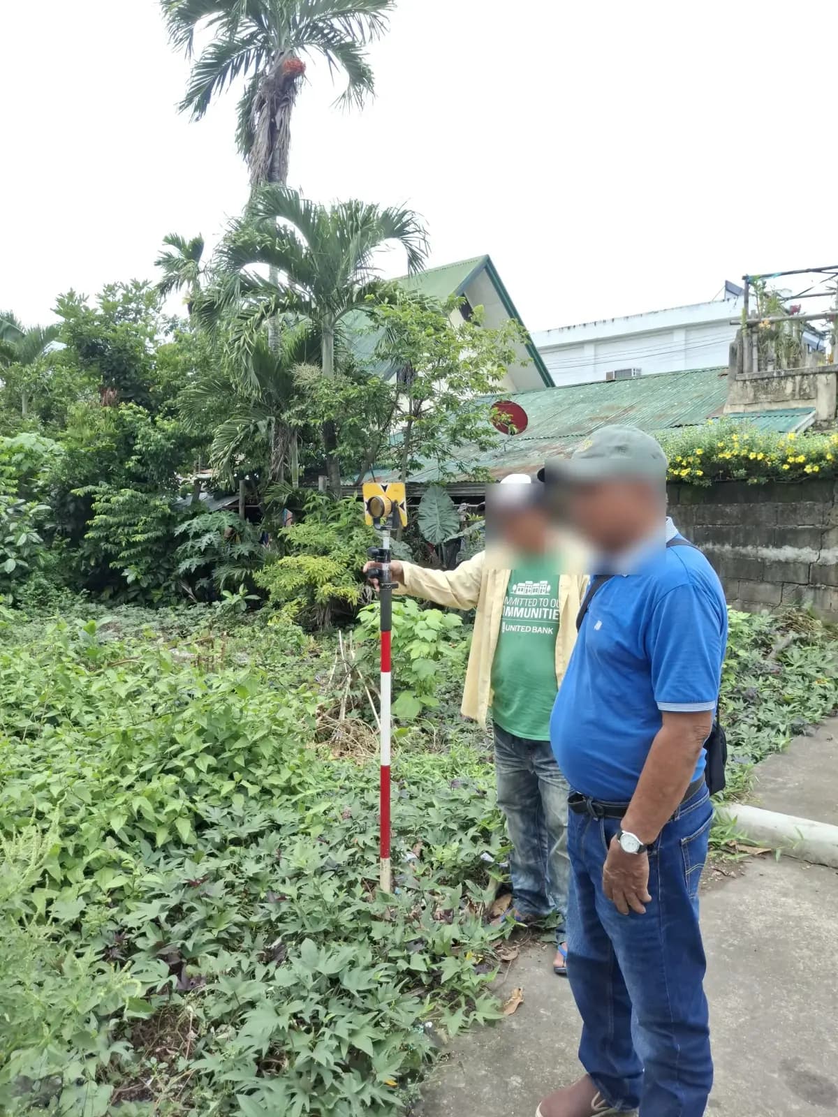 Prism-pole holder and another person standing beside a wall and dense roadside plants