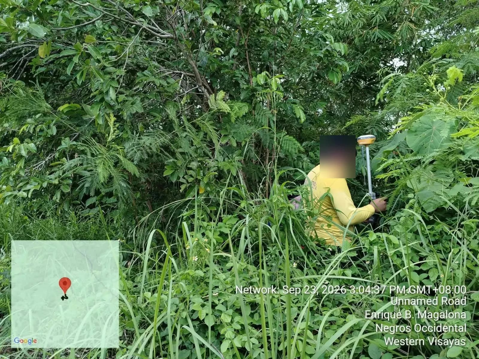 Crew member using a GNSS receiver and handheld controller among thick vegetation