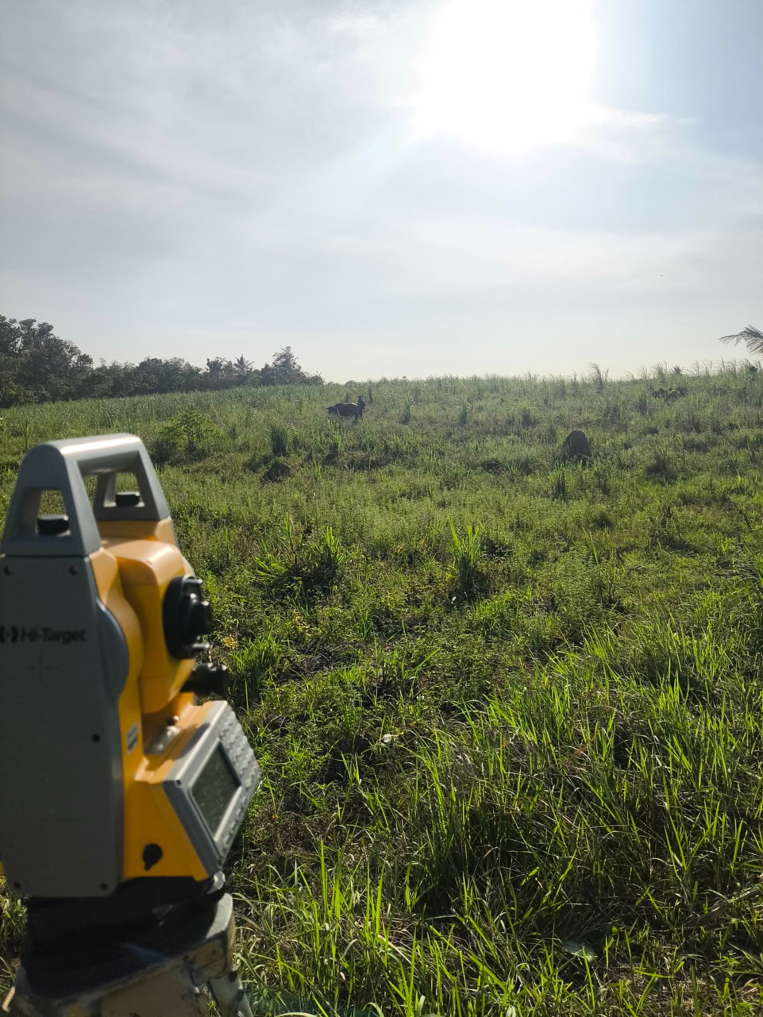 Hi-Target total station overlooking an open grass field during a relocation survey